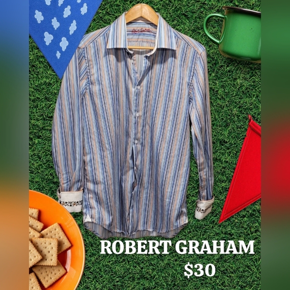 Robert Graham SZ M Multicolor Striped Button Down Shirt Embroidered Flip Cuffs - Picture 1 of 11